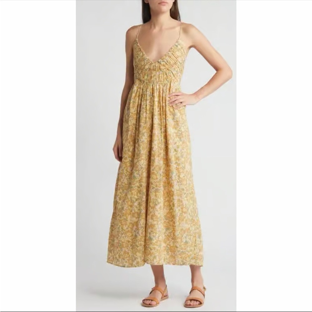 Treasure & Bond Smocked Bodice Strappy Back Dress Olive Multi Brea Floral Small